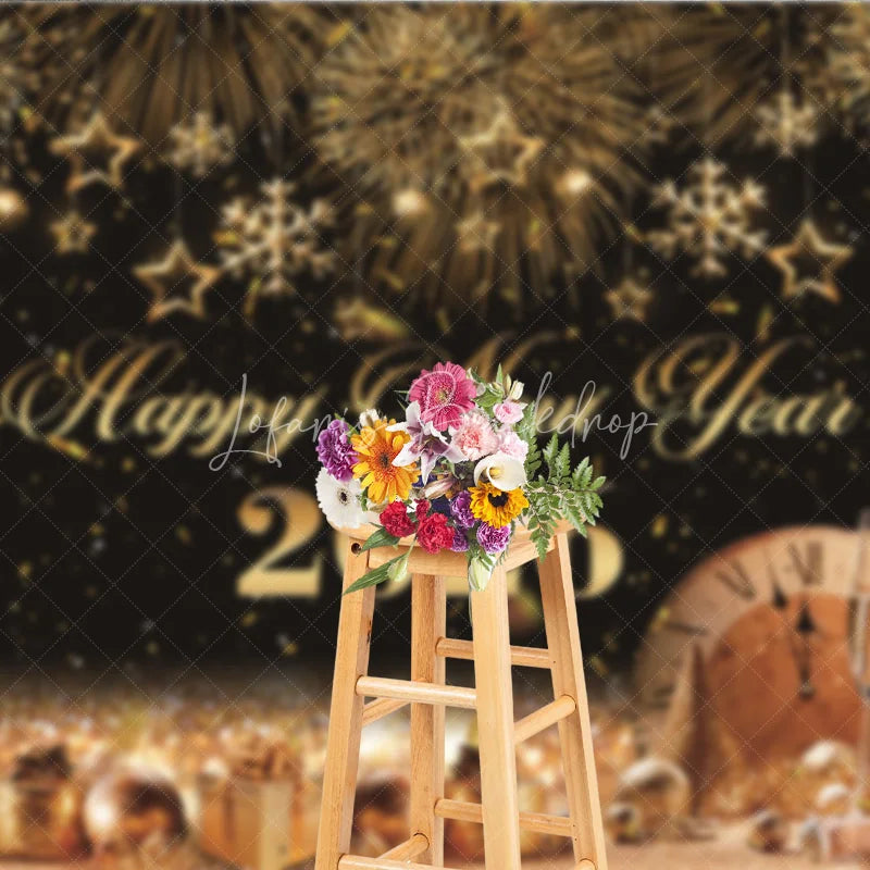 Lofaris Happy New Year 2026 Backdrop with Gold Fireworks Clock and Champagne Black NYE Party Photo Booth Decor