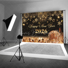 Lofaris Happy New Year 2026 Backdrop with Gold Fireworks Clock and Champagne Black NYE Party Photo Booth Decor