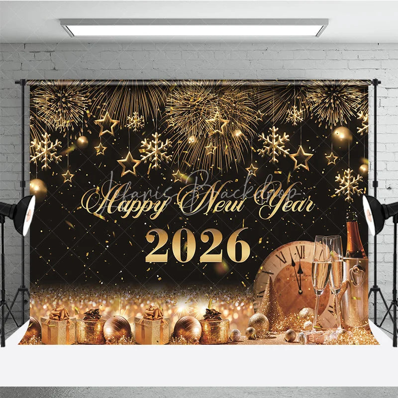 Lofaris Happy New Year 2026 Backdrop with Gold Fireworks Clock and Champagne Black NYE Party Photo Booth Decor