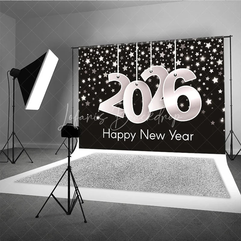 Lofaris Happy New Year 2026 Backdrop with Hanging Silver Numbers Black Background Stars Modern NYE Party Decor