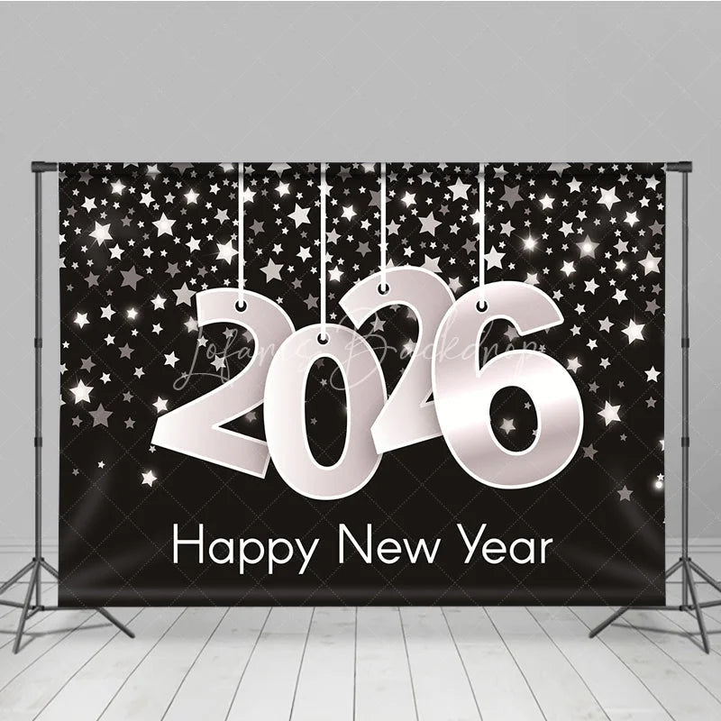 Lofaris Happy New Year 2026 Backdrop with Hanging Silver Numbers Black Background Stars Modern NYE Party Decor