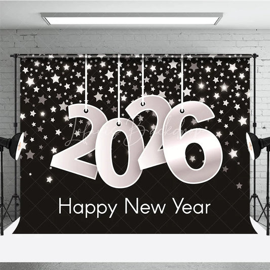 Lofaris Happy New Year 2026 Backdrop with Hanging Silver Numbers Black Background Stars Modern NYE Party Decor
