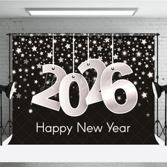 Lofaris Happy New Year 2026 Backdrop with Hanging Silver Numbers Black Background Stars Modern NYE Party Decor