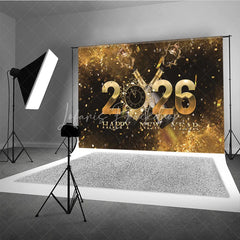 Lofaris Happy New Year 2026 Backdrop with Popping Champagne Clock and Gold Confetti Black NYE Party Decor