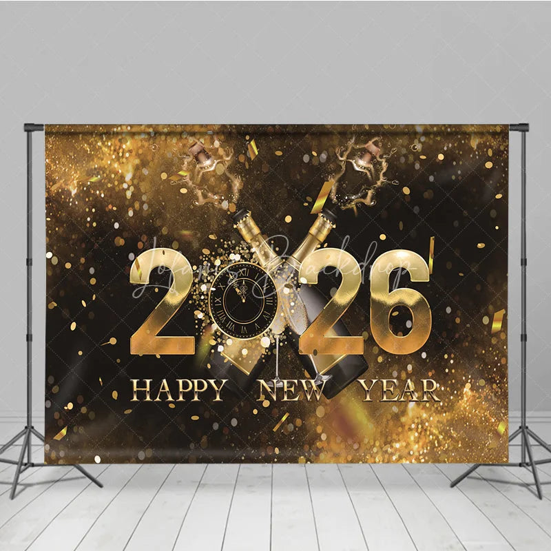 Lofaris Happy New Year 2026 Backdrop with Popping Champagne Clock and Gold Confetti Black NYE Party Decor