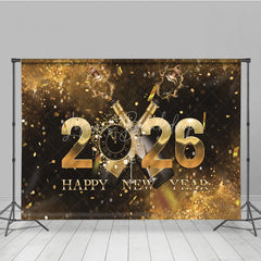 Lofaris Happy New Year 2026 Backdrop with Popping Champagne Clock and Gold Confetti Black NYE Party Decor