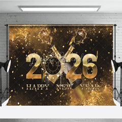 Lofaris Happy New Year 2026 Backdrop with Popping Champagne Clock and Gold Confetti Black NYE Party Decor