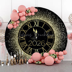 Lofaris Happy New Year 2026 Midnight Clock Round Backdrop Black and Gold Glitter Countdown Elegant NYE Party Decor