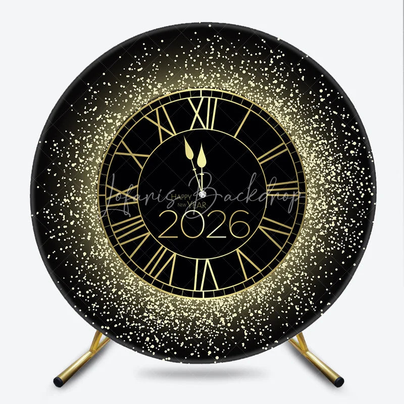 Lofaris Happy New Year 2026 Midnight Clock Round Backdrop Black and Gold Glitter Countdown Elegant NYE Party Decor