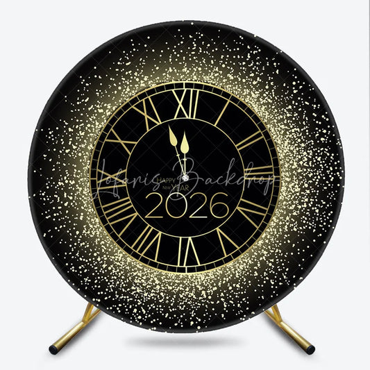 Lofaris Happy New Year 2026 Midnight Clock Round Backdrop Black and Gold Glitter Countdown Elegant NYE Party Decor