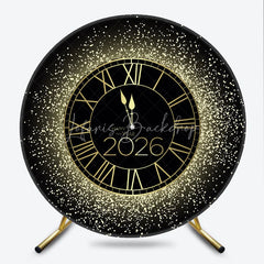 Lofaris Happy New Year 2026 Midnight Clock Round Backdrop Black and Gold Glitter Countdown Elegant NYE Party Decor