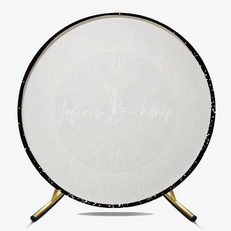 Lofaris Happy New Year 2026 Midnight Clock Round Backdrop Black and Gold Glitter Countdown Elegant NYE Party Decor