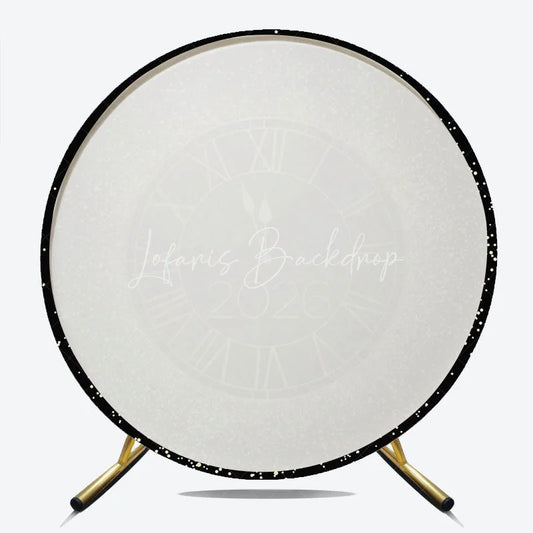 Lofaris Happy New Year 2026 Midnight Clock Round Backdrop Black and Gold Glitter Countdown Elegant NYE Party Decor