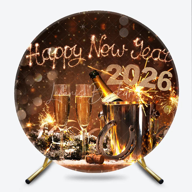 Lofaris Happy New Year 2026 Round Backdrop with Champagne and Sparklers Rustic Winter Holiday NYE Party Photo Booth