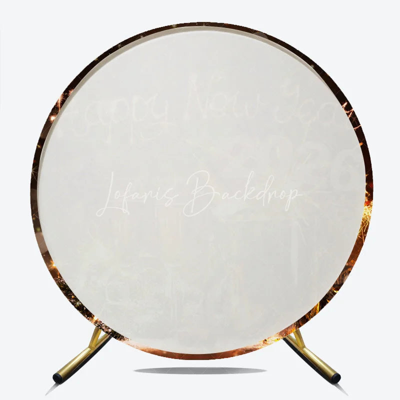Lofaris Happy New Year 2026 Round Backdrop with Champagne and Sparklers Rustic Winter Holiday NYE Party Photo Booth