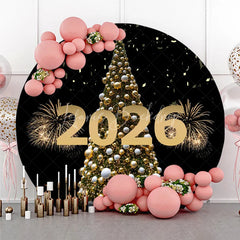 Lofaris Happy New Year 2026 Round Backdrop with Golden Christmas Tree Fireworks and Confetti Elegant NYE Party Decor