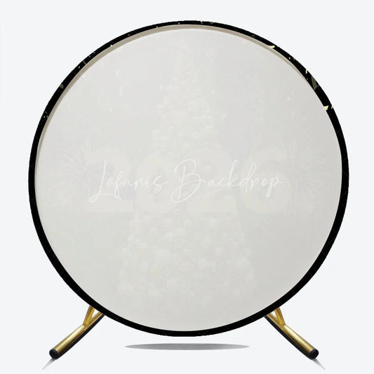 Lofaris Happy New Year 2026 Round Backdrop with Golden Christmas Tree Fireworks and Confetti Elegant NYE Party Decor