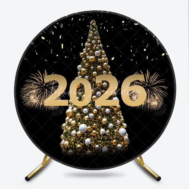 Lofaris Happy New Year 2026 Round Backdrop with Golden Christmas Tree Fireworks and Confetti Elegant NYE Party Decor