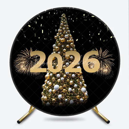 Lofaris Happy New Year 2026 Round Backdrop with Golden Christmas Tree Fireworks and Confetti Elegant NYE Party Decor
