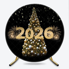 Lofaris Happy New Year 2026 Round Backdrop with Golden Christmas Tree Fireworks and Confetti Elegant NYE Party Decor