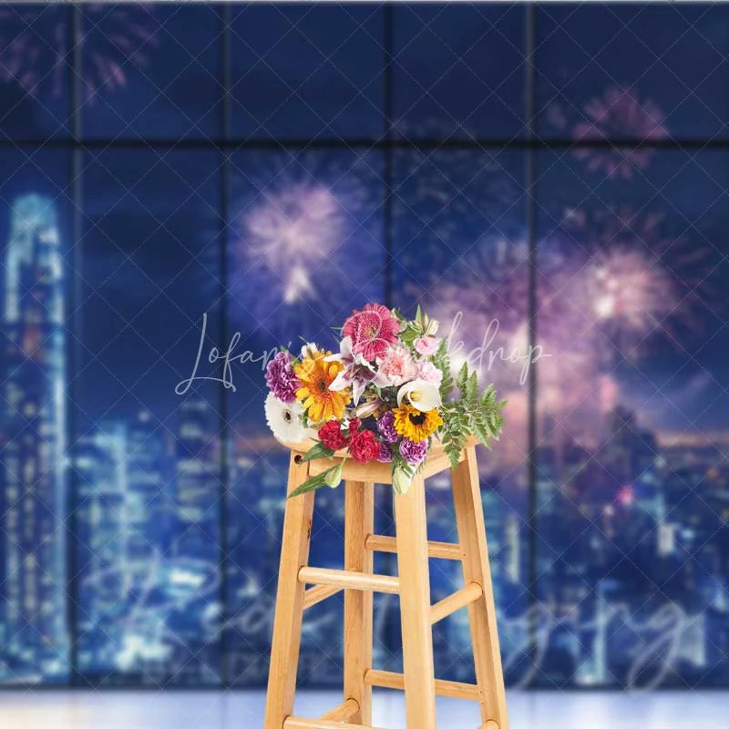 Lofaris Happy New Year City Skyline Photography Backdrop Night Fireworks Window View Photo Background Celebration Party Prop