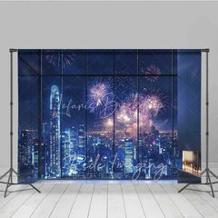 Lofaris Happy New Year City Skyline Photography Backdrop Night Fireworks Window View Photo Background Celebration Party Prop