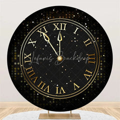Lofaris Happy New Year Clock Round Backdrop Black Gold Countdown Dial Background for Party