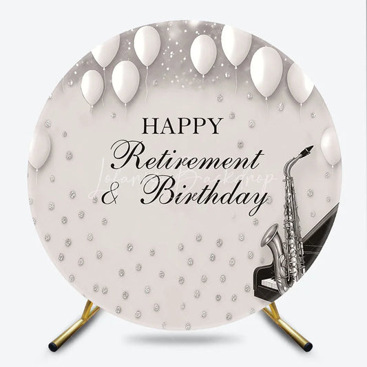 Lofaris Happy Retirement and Birthday Piano Round Backdrop Jazz Music Saxophone White Balloons Party Cover
