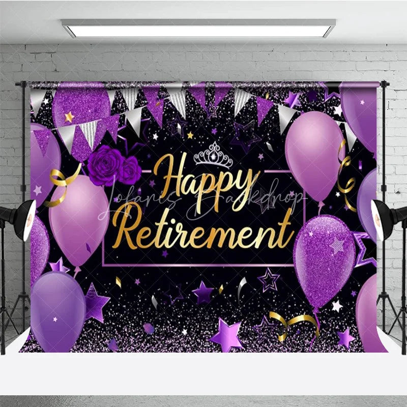 Lofaris Happy Retirement Backdrop for Women Purple and Black with Balloons Glitter Elegant Farewell Party Decor