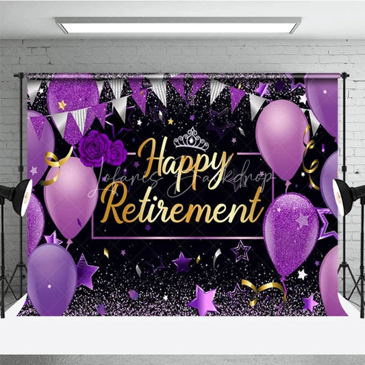 Lofaris Happy Retirement Backdrop for Women Purple and Black with Balloons Glitter Elegant Farewell Party Decor