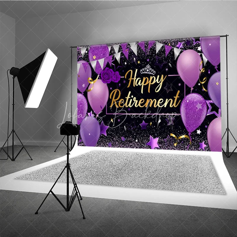 Lofaris Happy Retirement Backdrop for Women Purple and Black with Balloons Glitter Elegant Farewell Party Decor