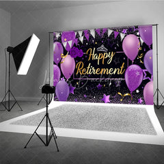 Lofaris Happy Retirement Backdrop for Women Purple and Black with Balloons Glitter Elegant Farewell Party Decor