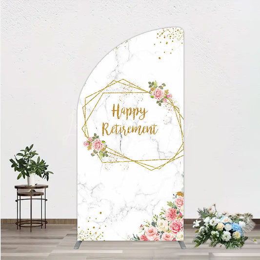 Lofaris Happy Retirement Half Moon Arch Backdrop with Pink Floral and Gold Frame Elegant Marble Party Photo Booth Decor for Women
