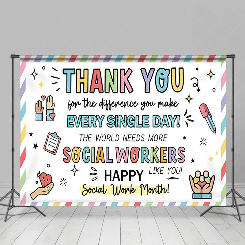 Lofaris Happy Social Work Month Backdrop Thank You Workers Appreciation Background Doodle Office Party Decoration