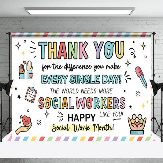 Lofaris Happy Social Work Month Backdrop Thank You Workers Appreciation Background Doodle Office Party Decoration