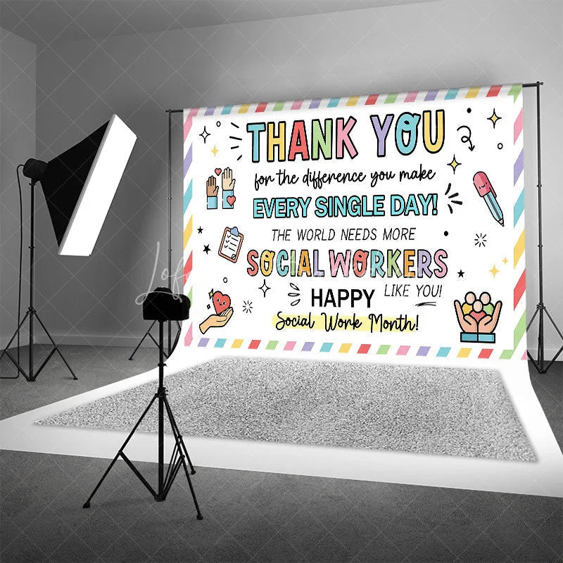 Lofaris Happy Social Work Month Backdrop Thank You Workers Appreciation Background Doodle Office Party Decoration