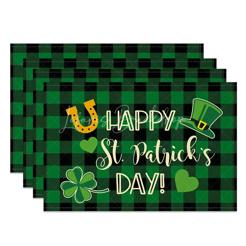 Lofaris Happy St. Patricks Day Set of 4 Placemats Leprechaun Hat and Shamrock Green Buffalo Plaid Table Mats