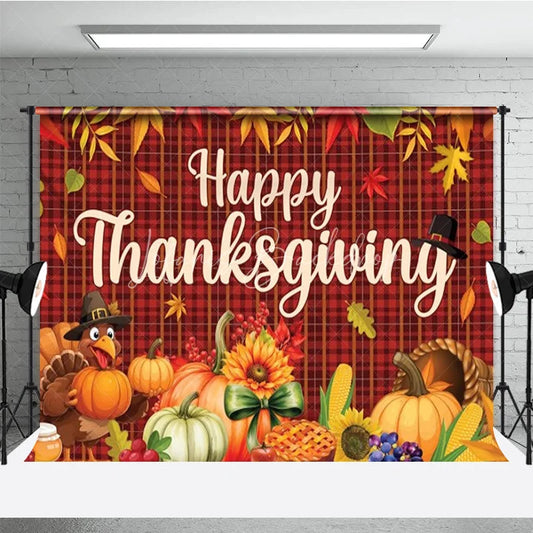 Lofaris Happy Thanksgiving Backdrop Autumn Fall Leaves Turkey Pumpkin Banner Red Plaid Harvest Party Photo Booth Props