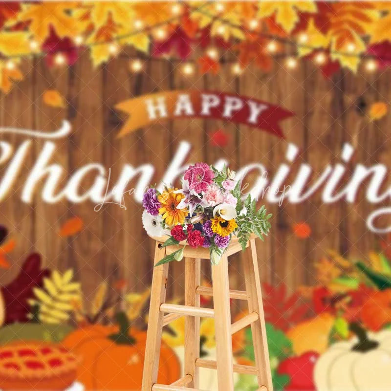 Lofaris Happy Thanksgiving Backdrop Rustic Wood Turkey Pumpkin Pie Photography Background