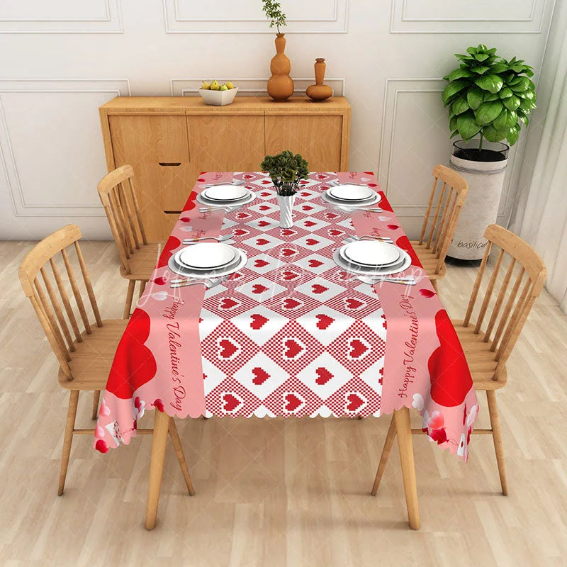 Lofaris Happy Valentine Day Gingham Rectangle Tablecloth Pink Red Heart Check Table Cover Festive Holiday Party Decor
