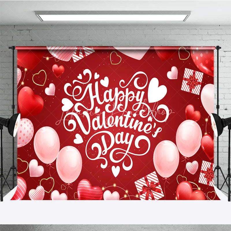 Lofaris Happy Valentines Day Backdrop Red Balloons Gift Box White Typography Background Romantic Love Party Photo Studio Prop