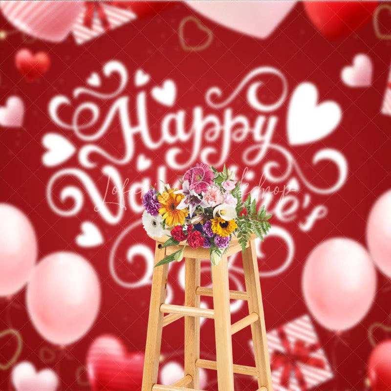 Lofaris Happy Valentines Day Backdrop Red Balloons Gift Box White Typography Background Romantic Love Party Photo Studio Prop