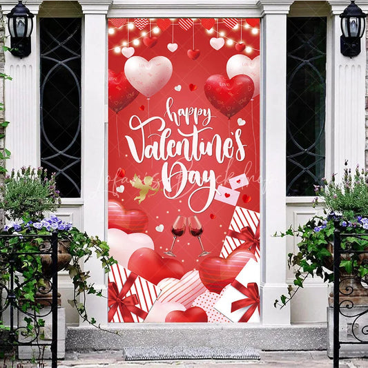 Lofaris Happy Valentine’s Day Door Cover Red Heart Balloon Wine Glass Banner Romantic Front Decoration