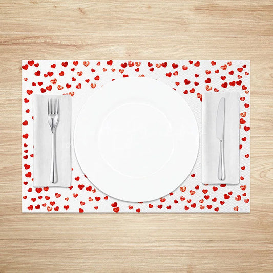 Lofaris Happy Valentines Day Set of 4 Placemats Scattered Red Glitter Hearts Table Mats for Romantic Holiday Party