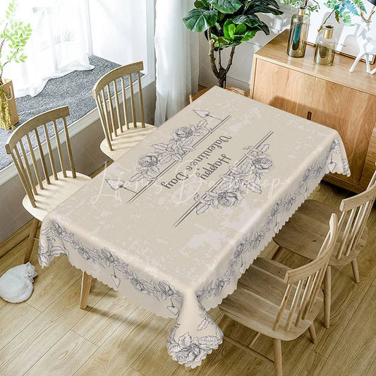Lofaris Happy Valentines Day Sketch Rose Rectangle Tablecloth Beige Grunge Floral Text Farmhouse Holiday Decor
