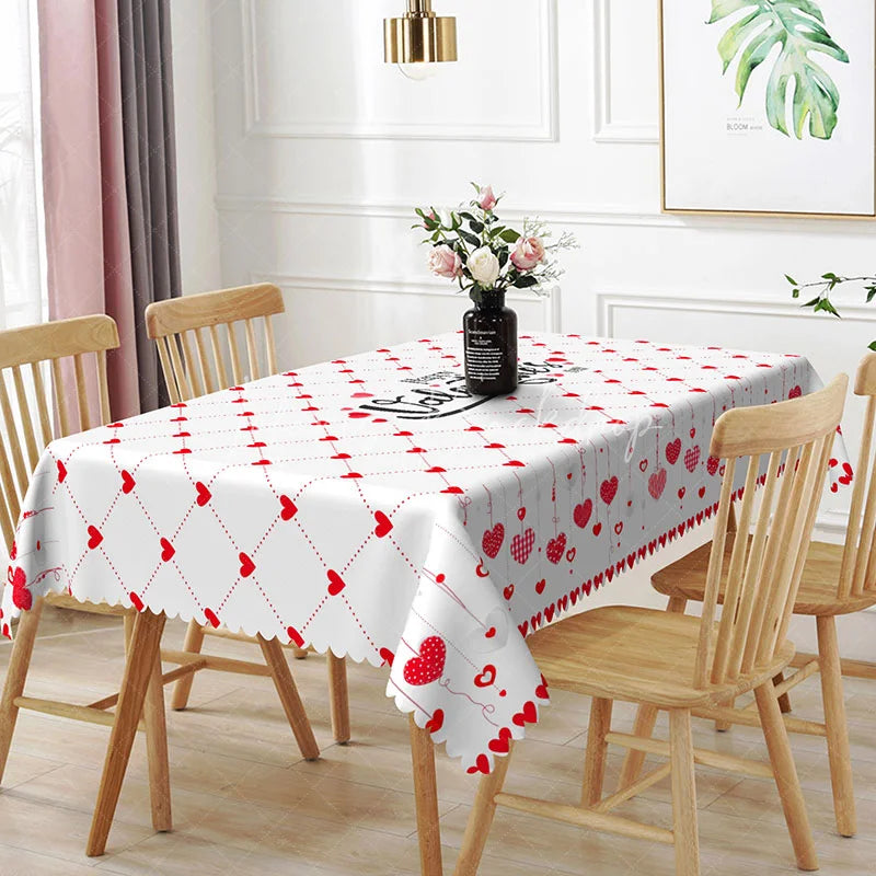 Lofaris Happy Valentines Day Text Rectangle Tablecloth Red Hanging Heart Grid Festive Holiday Dining Decor