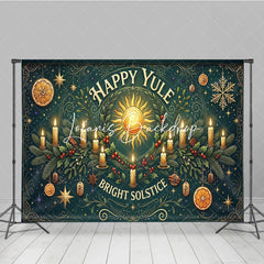 Lofaris Happy Yule Bright Solstice Sun and Candles Winter Holiday Backdrop Festive Greenery with Gold Stars Oranges