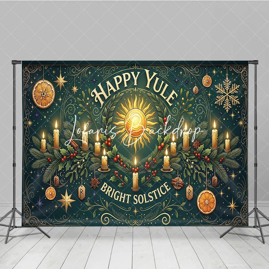 Lofaris Happy Yule Bright Solstice Sun and Candles Winter Holiday Backdrop Festive Greenery with Gold Stars Oranges