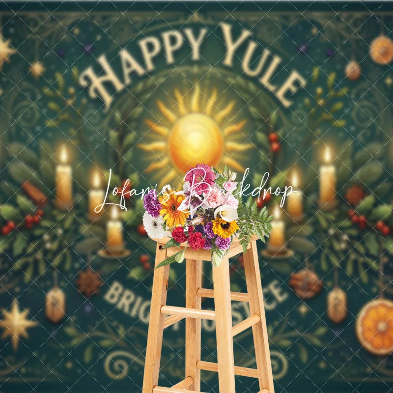 Lofaris Happy Yule Bright Solstice Sun and Candles Winter Holiday Backdrop Festive Greenery with Gold Stars Oranges