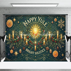 Lofaris Happy Yule Bright Solstice Sun and Candles Winter Holiday Backdrop Festive Greenery with Gold Stars Oranges